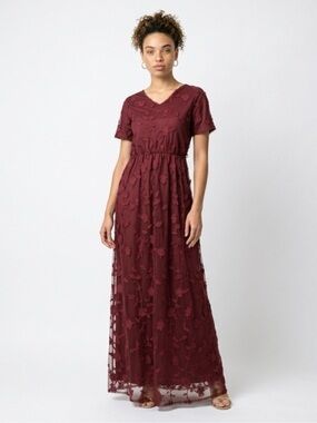 Mikarose Wine Embroidered V-Neck Maxi Dress